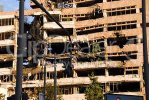 Damaged after bombing building in Belgrade, Serbia