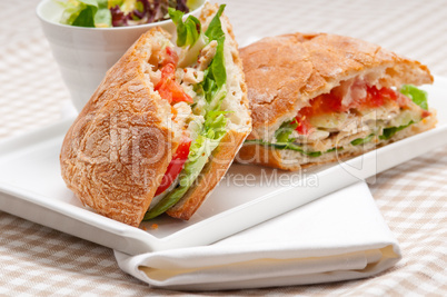 ciabatta panini sandwich with chicken and tomato