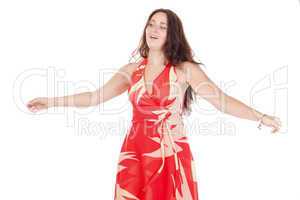 Portrait of a smiling young woman in red dress