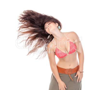 Portrait of a beautiful young woman in beach dress, with streami