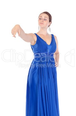 Portrait of a beautiful young woman in blue dress, holds out his