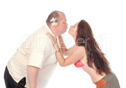 Young cheerful couple in summer clothes, have fun