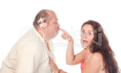 Young cheerful couple in summer clothes, have fun