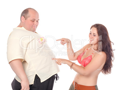 Young cheerful couple in summer clothes, have fun