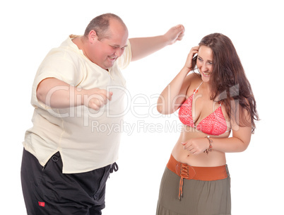 Young cheerful couple in summer clothes, have fun