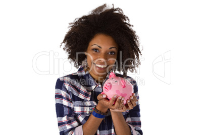 Afroamerikanerin mit Sparschwein