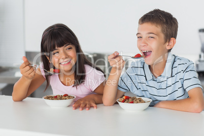 Smiling siblings eating cereal for breakfast in kitchen