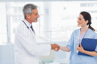 Smiling doctor shaking hands with nurse