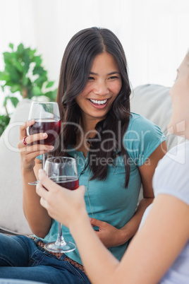 Smiling friends having red wine together