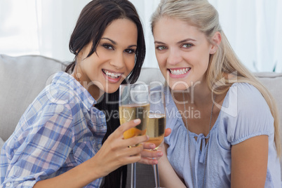 Happy friends toasting with champagne and looking at camera