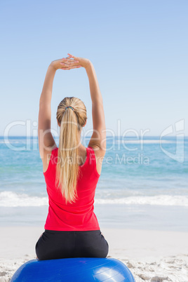 Fit blonde sitting on exercise ball looking at waves