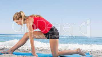 Fit blonde stretching leg on exercise mat