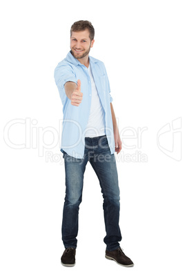 Confident model smiling and giving thumbs up