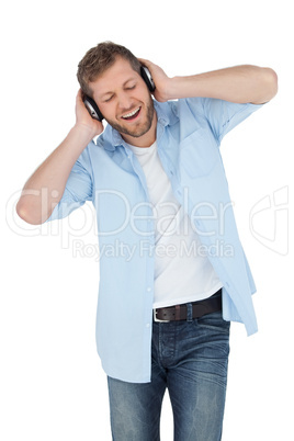 Trendy model listening to music