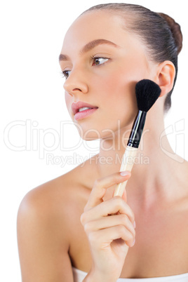 Model touching her face with powder brush
