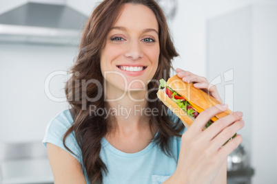 Pretty brunette having sandwich