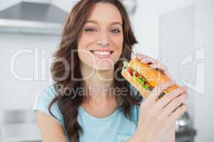 Pretty brunette having sandwich