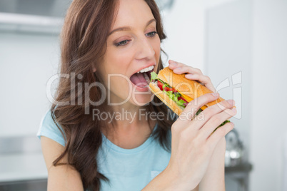 Pretty brunette eating sandwich