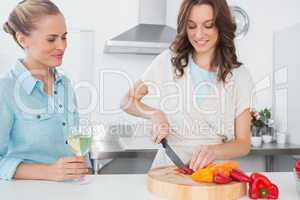 Brunette cooking while her friend having wine