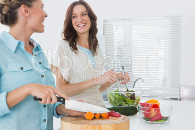 Cheerful women preparing salad together