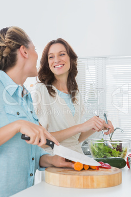 Pretty women preparing salad together