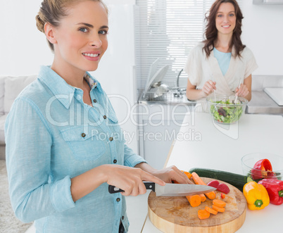 Blonde woman cutting carrots with her friend tossing salad