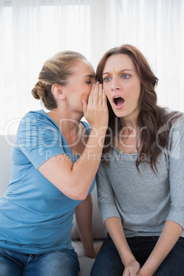 Shocked woman being told a secret by her friend