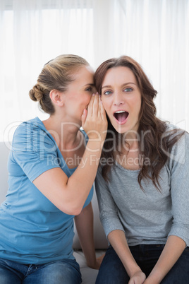 Astonished woman being told a secret by her friend