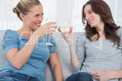 Happy women clinking their wine glasses while sitting on the sof