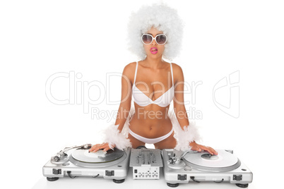 sexy dj woman on white djing