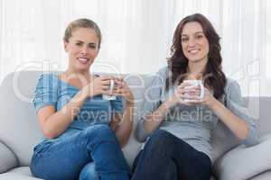 Friends having coffee while sitting on the sofa