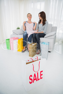 Women with purchases and shopping bag on foreground