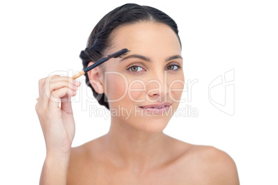 Young brunette using eyebrow brush
