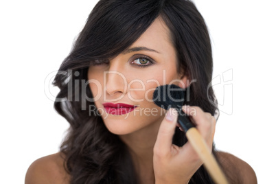 Glamorous brunette applying blusher on her cheek