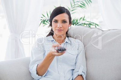 Calm attractive brunette holding remote