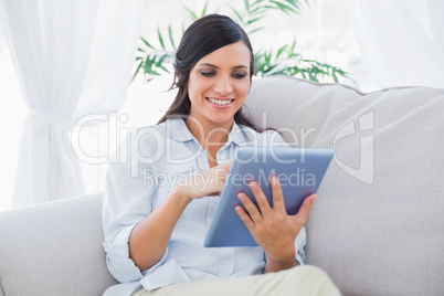 Happy brunette with tablet pc