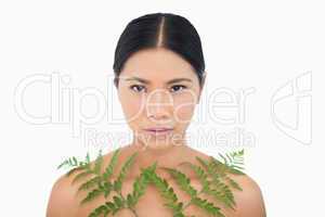Serious sensual dark haired model posing with fern