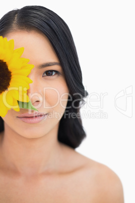 Natural black haired model with sunflower