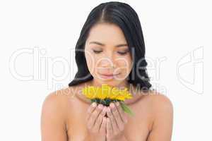 Natural black haired model smelling sunflower
