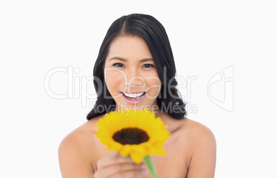 Happy natural model holding sunflower in her hand