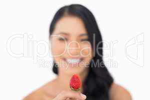 Attractive brown haired model holding strawberry