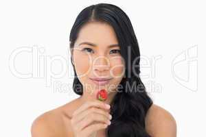 Calm attractive brown haired model eating strawberry