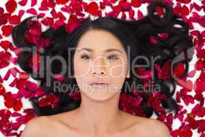 Attractive dark haired model lying in rose petals