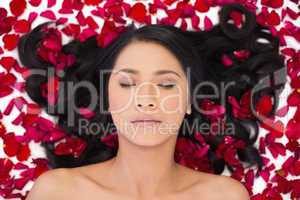 Relaxed attractive dark haired model lying in rose petals