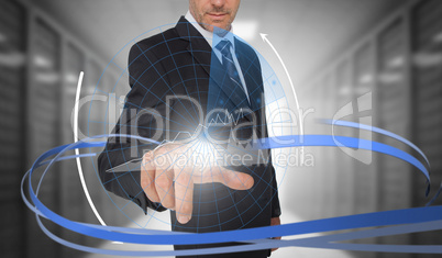 Businessman touching graph on futuristic interface with swirling