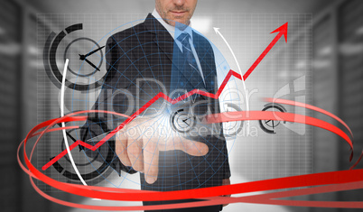 Businessman touching clock on futuristic interface with swirling