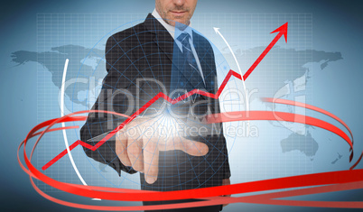 Businessman touching graph on futuristic interface with red arro