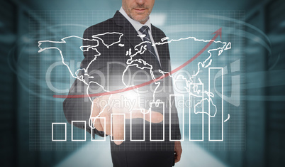 Businessman touching futuristic chart and map interface