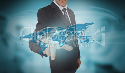 Businessman touching futuristic world map interface