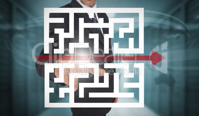 Businessman touching futuristic qr code with arrow interface